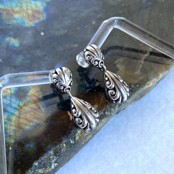 Sterling Silver 925 1" Scrollwork Dot Teardrop Pierced Dangle Drop Earrings - Picture 6 of 16